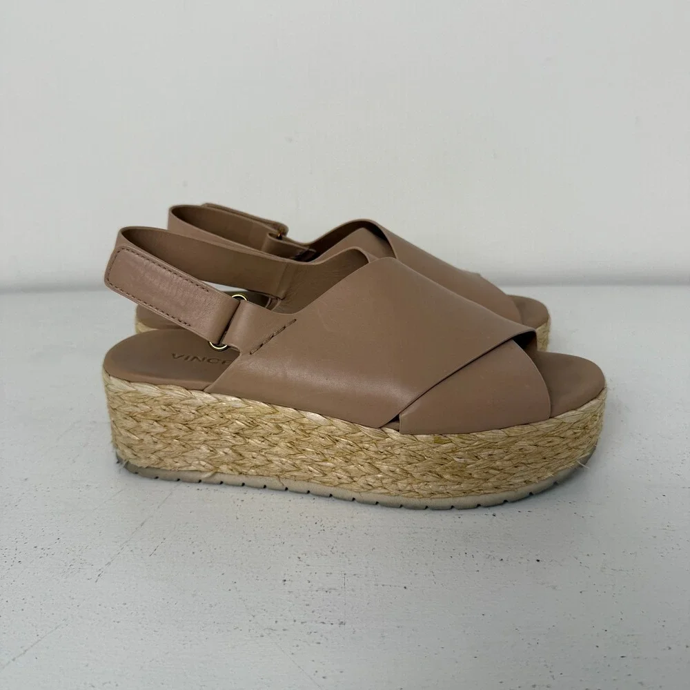 Vince Glyn Nude Leather Espadrille Platform Slingback Sandals Womens Tan